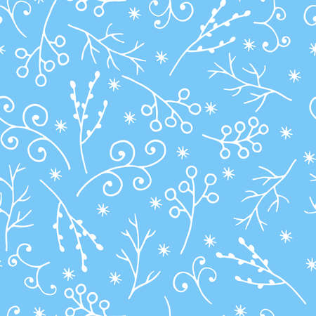 Vector seamless pattern with hand-drawn winter branches and snowflakes, white outline on a blue backgroundのイラスト素材