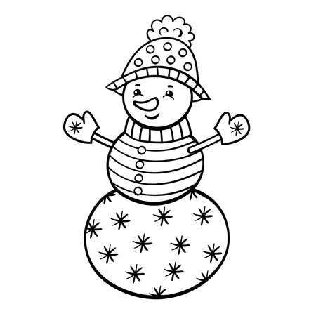Vector funny cute Christmas snowman with abstract patterns in winter hat, coloring page for kids and adultsのイラスト素材