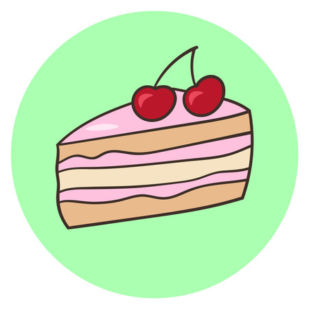 Sweet cake with cream and cherry, on a green background. Vector illustration