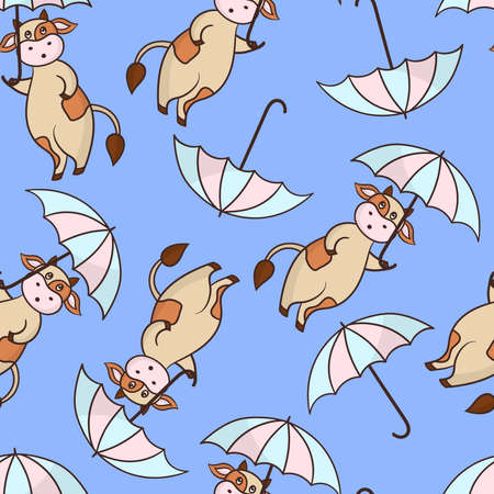 Vector seamless pattern with funny cute cartoon cow with an umbrella from the rain, on a blue backgroundのイラスト素材