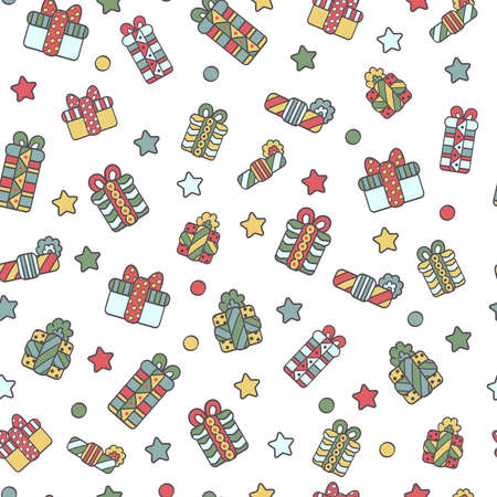 Vector seamless pattern with abstract gifts in holiday packaging and stars on a white background. For packaging design, covers, textile printsのイラスト素材