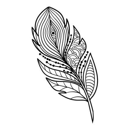 Abstract vector feather with patterns in the style of zen art, coloring page for kids and adultsのイラスト素材
