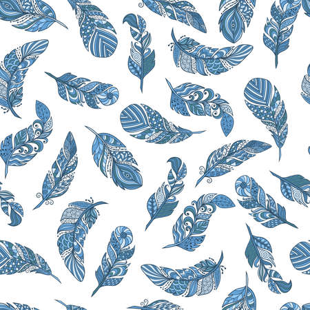 Seamless pattern with vector set of abstract blue feathers with patterns on a white background, zen art styleのイラスト素材