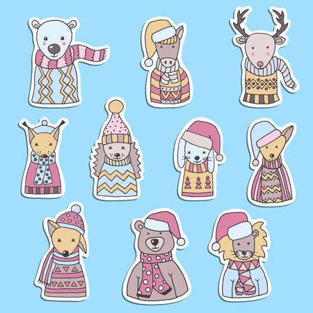 Vector set of stickers with hand-drawn winter cute cartoon animals. For design and decorationのイラスト素材