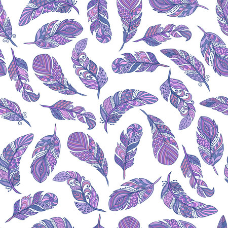 Seamless pattern, vector set of beautiful abstract feathers in ethnic style on a white background, zenart, limited palette, for design and decorationのイラスト素材