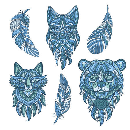 Vector abstract heads of wild forest animals: wolf, bear, fox and feathers in ethnic style, zenart. Blue on white backgroundのイラスト素材