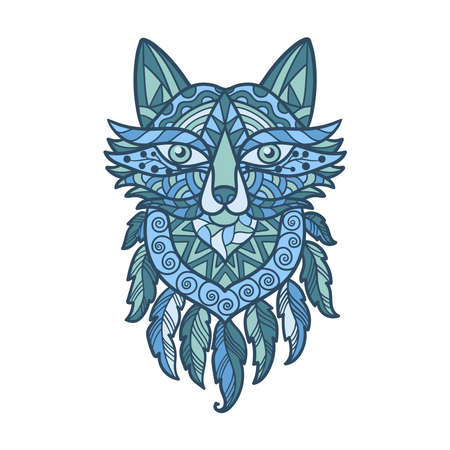 Vector abstract blue fox's head in ethnic style with patterns, zenartのイラスト素材