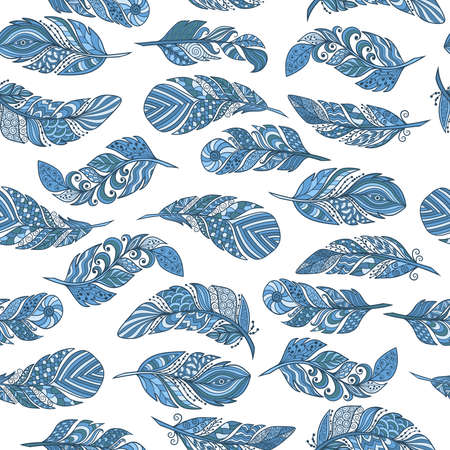 Seamless pattern, vector set of beautiful abstract blue feathers in ethnic style on a white background, zenart, limited palette, for design and decorationのイラスト素材
