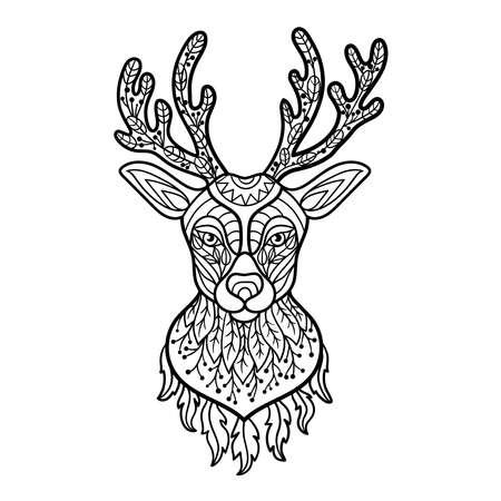 Vector abstract deer head in ethnic style with patterns, coloring page for kids and adults, zenartのイラスト素材