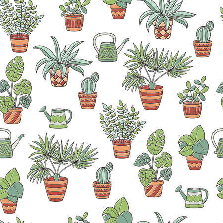 Vector seamless pattern with a set of potted houseplants and watering cans, on a white backgroundのイラスト素材