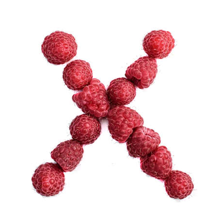 The letter X of the english alphabet of red ripe raspberries,, isolate on a white backgroundの写真素材