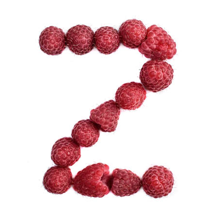 The letter Z of the english alphabet of red ripe raspberries,, isolate on a white backgroundの写真素材