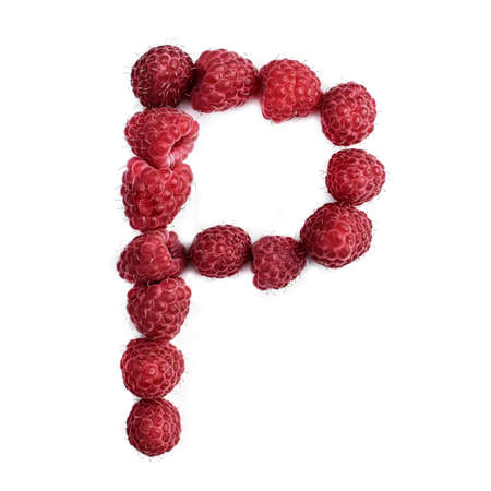 The letter P of the english alphabet of red ripe raspberries, isolate on a white backgroundの写真素材