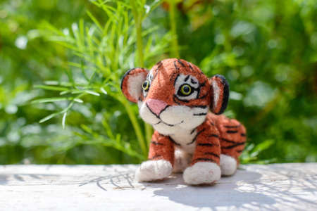 Cute funny little toy handmade woolen tiger, felting from woolの写真素材