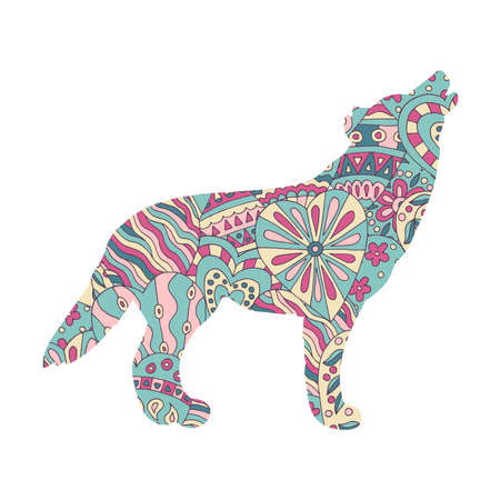 Vector wolf with a hand-drawn colored abstract patternのイラスト素材