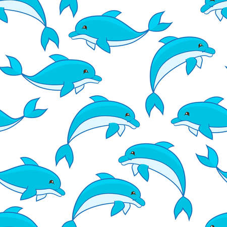 Vector seamless pattern with cute funny blue dolphins on a white backgroundのイラスト素材