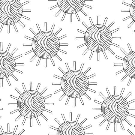 Vector seamless pattern with a set of hand-drawn abstract suns, coloring pageのイラスト素材
