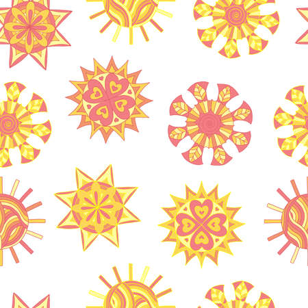 Vector seamless pattern with a set of hand-drawn abstract yellow-orange sunsのイラスト素材