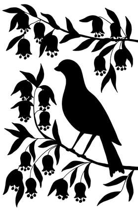 Vertical picture with a black silhouette of a bird on a branch with abstract flowers on a white backgroundのイラスト素材