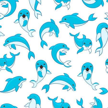 Vector seamless pattern with cute cartoon blue dolphins on a white background.のイラスト素材