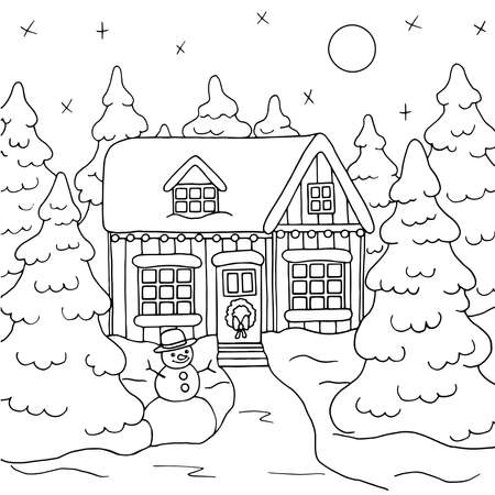 Christmas house in the winter forest, fir trees and a snowman, coloring page. Vector illustrationのイラスト素材
