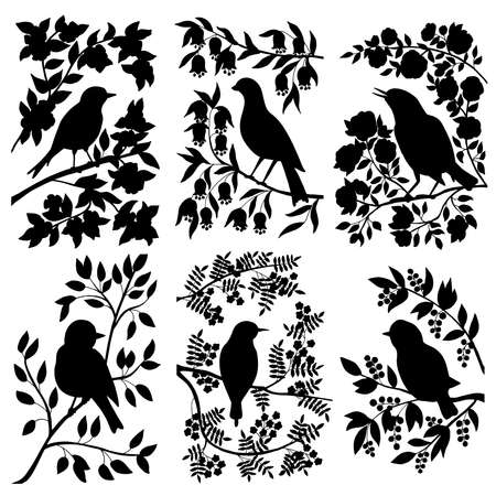 Vector set of black silhouettes of songbirds on branches with leaves and flowersのイラスト素材