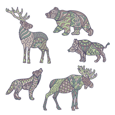Vector set of forest animals with abstract zen art patterns, isolate on a white backgroundのイラスト素材