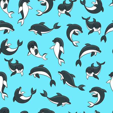 Vector seamless pattern with cute cartoon gray dolphins on a blue background. For the design of packages, covers, textile printsのイラスト素材