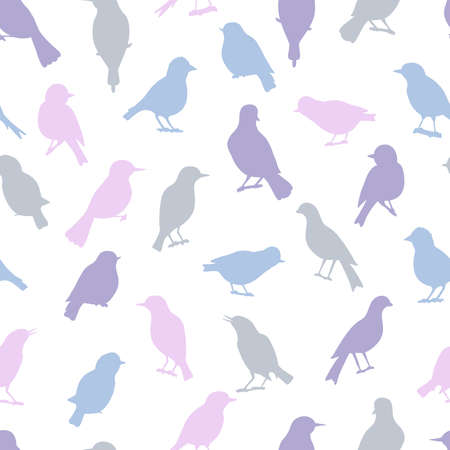 Vector seamless pattern with multicolored silhouettes of songbirds on a white background, for the design of covers, packages, textile printsのイラスト素材