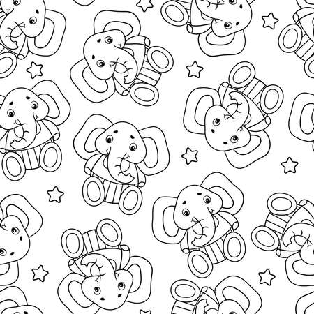Vector seamless pattern with cute toy elephants and stars. Coloring pageのイラスト素材