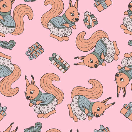 Vector seamless pattern with cute toy squirrels and gifts on a pink backgroundのイラスト素材
