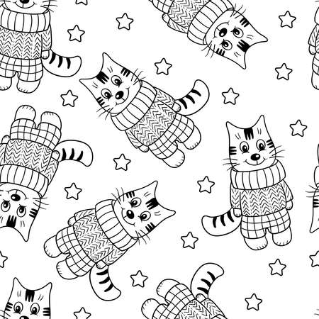 Vector seamless pattern with cute toy elephants and stars. Coloring pageのイラスト素材