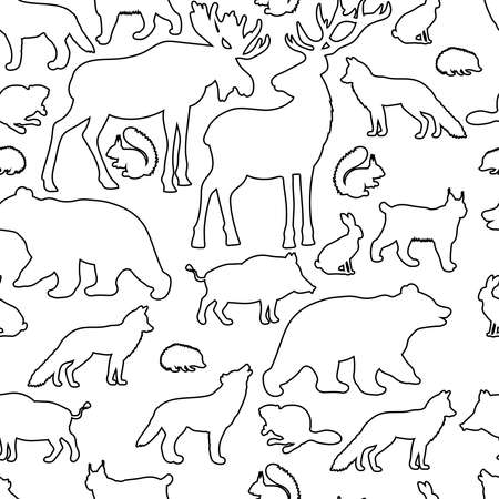 Vector seamless pattern with contour of forest animals, coloring page for children and adultsのイラスト素材