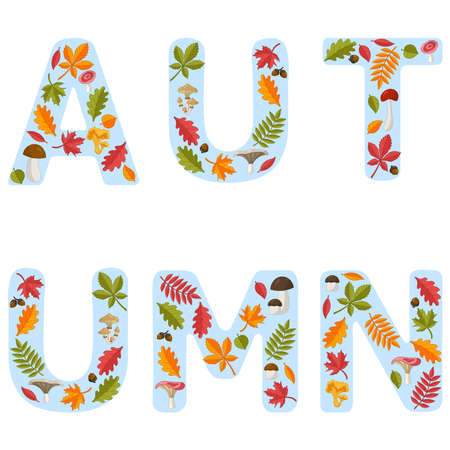The word AUTUMN consists of letters with bright autumn leaves. Vector illustrationのイラスト素材