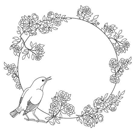Vector frame with hand-drawn bird and flowering branches, coloring page for children and adultsのイラスト素材