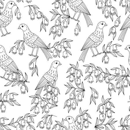 Vector seamless pattern with hand-drawn birds and flowering branches, coloring page for children and adultsのイラスト素材