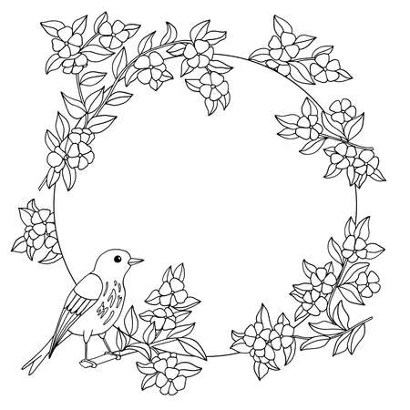 Vector frame with hand-drawn bird and flowering branches, coloring page for children and adultsのイラスト素材