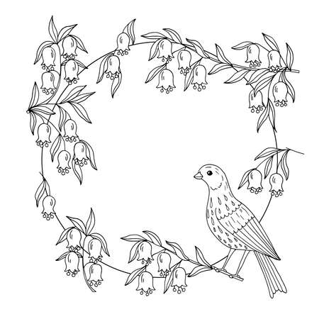 Vector frame with hand-drawn bird and flowering branches, coloring page for children and adultsのイラスト素材