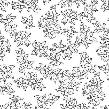 Vector seamless pattern with hand-drawn flowering branches, coloring page for children and adultsのイラスト素材