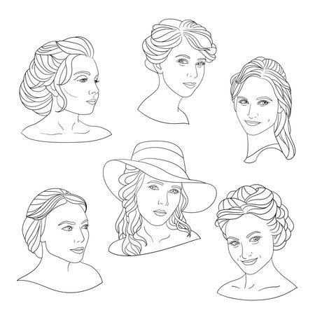 Vector set with romantic portraits of young women, coloring pageのイラスト素材