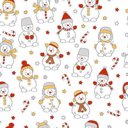 Seamless pattern with vector cute Christmas snowmen in winter hatsのイラスト素材