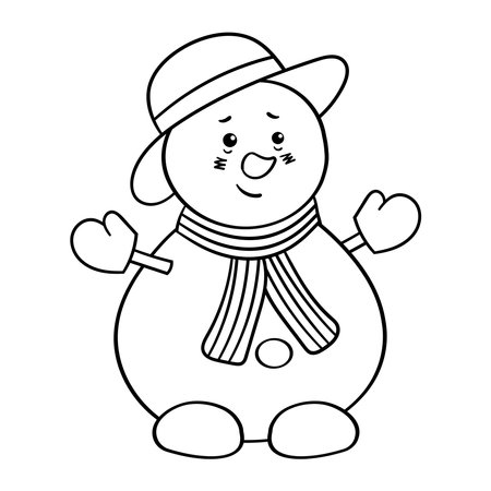 Vector coloring page with a cute snowman in a winter hatのイラスト素材