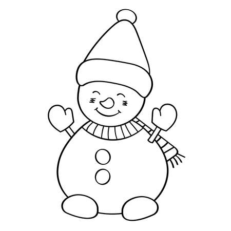 Vector coloring page with a cute snowman in a winter hatのイラスト素材