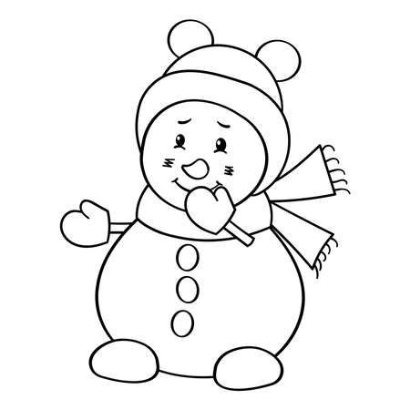 Vector coloring page with a cute snowman in a winter hatのイラスト素材