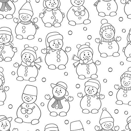 Vector seamless pattern with a set of cute snowmen, coloring pageのイラスト素材