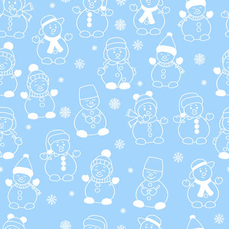 Vector winter seamless pattern with cute Christmas snowmen, white outline on light blue backgroundのイラスト素材