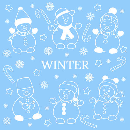 Vector winter set with cute Christmas snowmen, white outline on light blue backgroundのイラスト素材