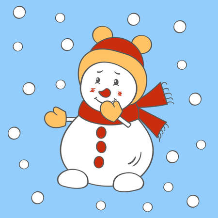 Cute funny Christmas snowman in a winter hat, vector illustrationのイラスト素材