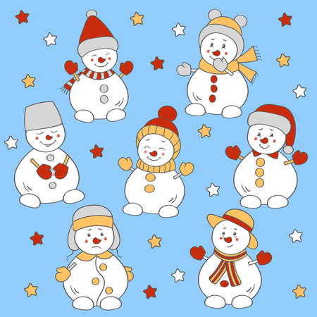 Set with cute Christmas snowmen in winter hats. Vector illustrationのイラスト素材