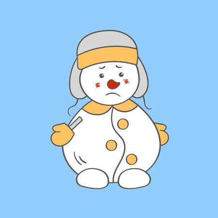 A sad snowman in a winter hat on a blue background. Vector illustrationのイラスト素材